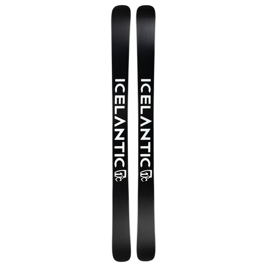 A pair of black Icelantic Skis 10th Mtn Nomad 100 skis with “ICELANTIC” printed in bold white letters down each ski, viewed from above against a white background.