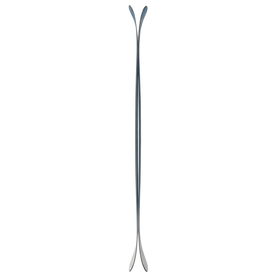 Two identical stainless steel spoons are perfectly aligned back to back, forming a symmetrical, mirrored design with the handles and bowls touching at both ends—much like the balanced artistry and precision found in an Icelantic Skis 10th Mtn Nomad 100.