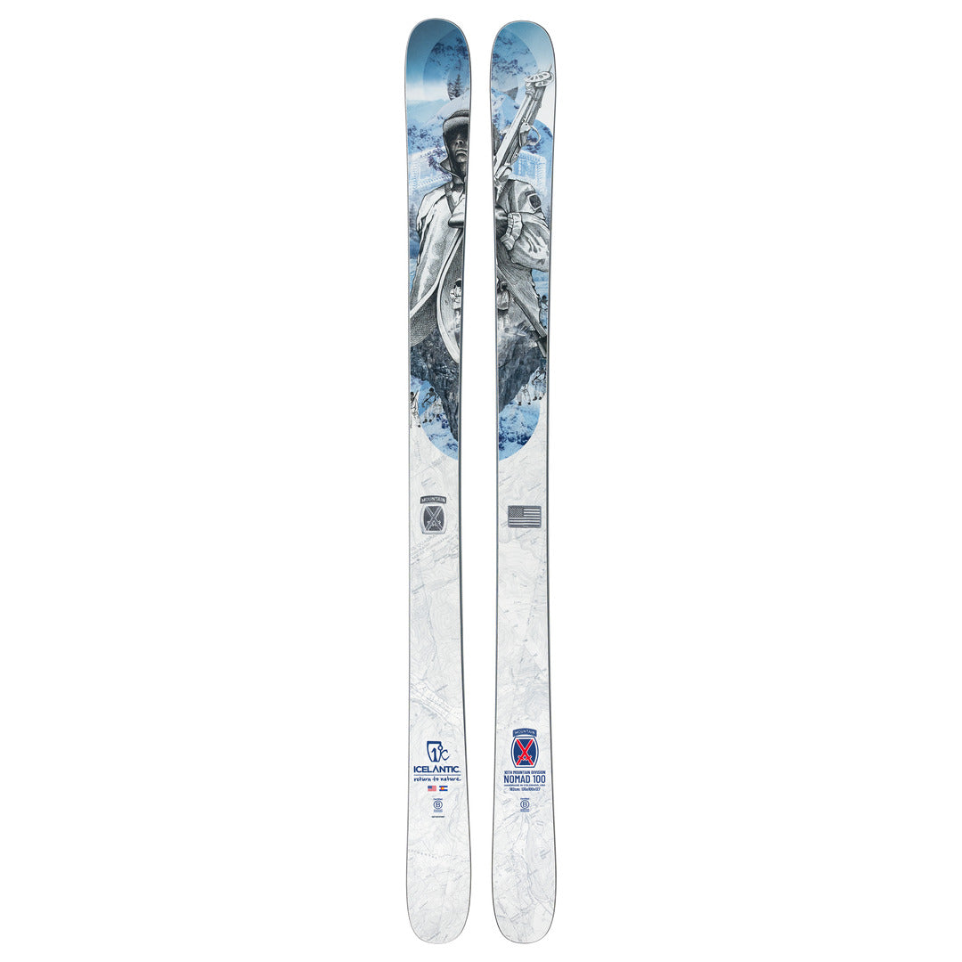 The Icelantic Skis 10th Mtn Nomad 100 is a special edition pair featuring blue and gray artwork of a skier holding poles, along with various logos and text near the bases.