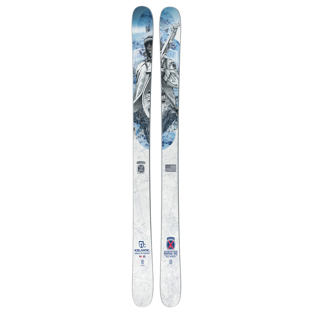 The Icelantic Skis 10th Mtn Nomad 100 is a special edition pair featuring blue and gray artwork of a skier holding poles, along with various logos and text near the bases.