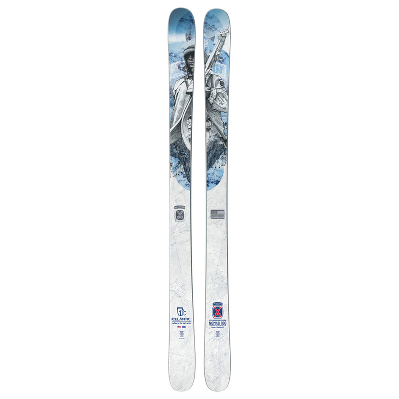 The Icelantic Skis 10th Mtn Nomad 100 is a special edition pair featuring blue and gray artwork of a skier holding poles, along with various logos and text near the bases.