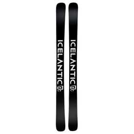 A pair of black Arches NP 100 all-mountain skis by Icelantic Skis, featuring the word ICELANTIC in bold white letters running vertically along each ski and a small logo near the bottom, offering a versatile option for various terrain.