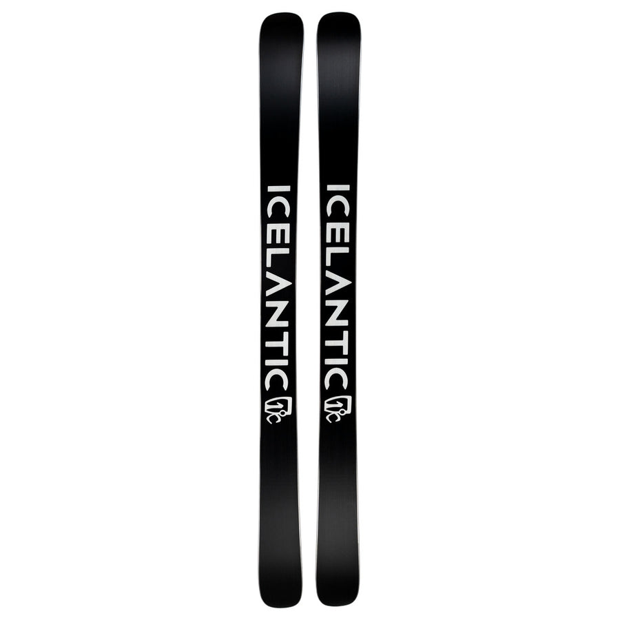 A pair of black Arches NP 100 all-mountain skis by Icelantic Skis, featuring the word ICELANTIC in bold white letters running vertically along each ski and a small logo near the bottom, offering a versatile option for various terrain.