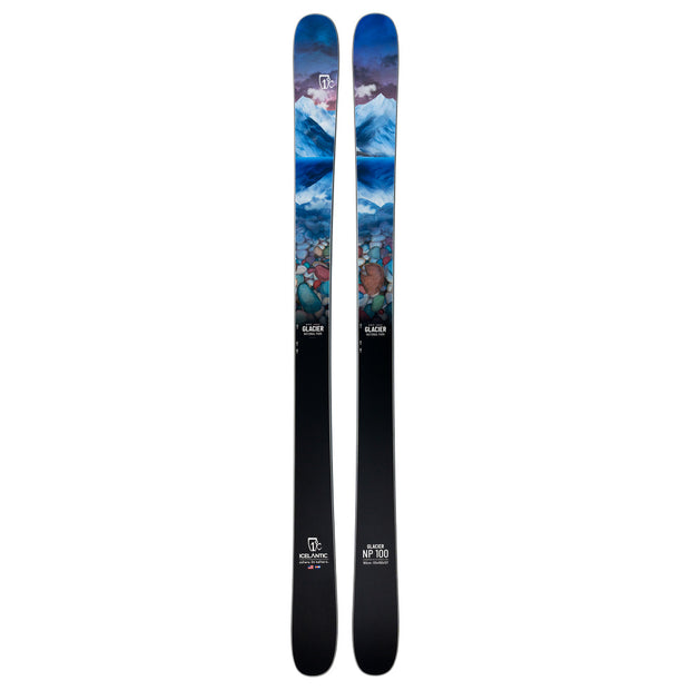 Introducing the Glacier NP 100 by Icelantic Skis—a pair of all-mountain skis handmade in Colorado, featuring artwork with mountains, clouds, and rocky terrain on the upper half that fades to solid black toward the base.