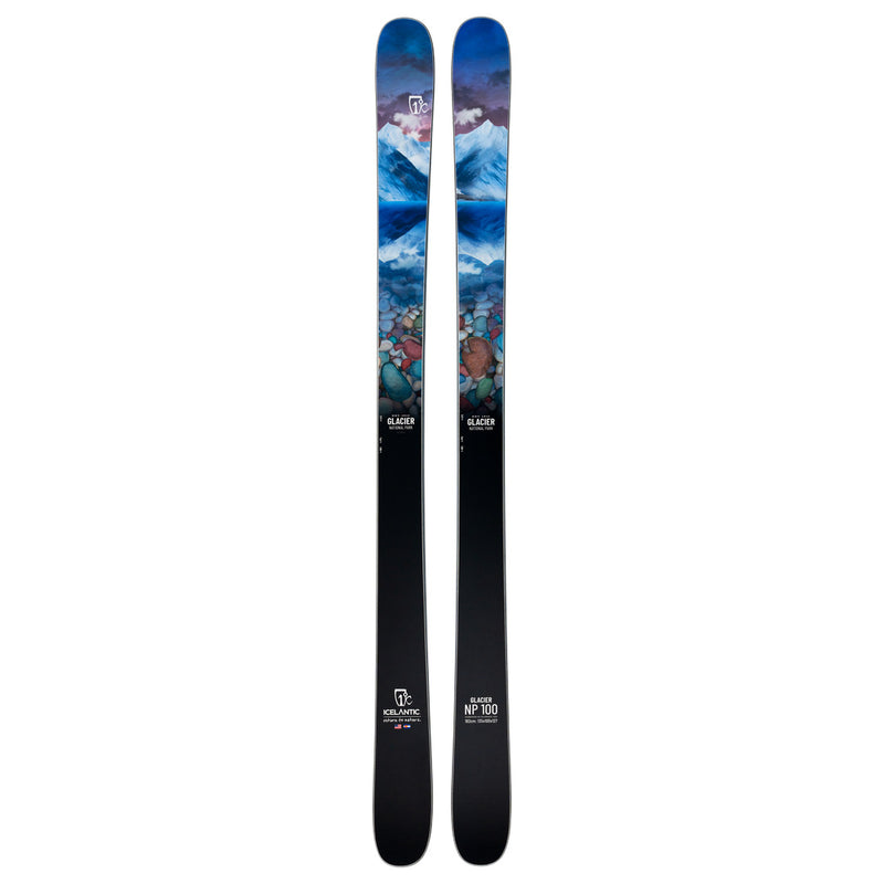 Introducing the Glacier NP 100 by Icelantic Skis—a pair of all-mountain skis handmade in Colorado, featuring artwork with mountains, clouds, and rocky terrain on the upper half that fades to solid black toward the base.