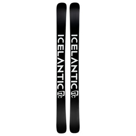 A pair of black Icelantic Skis J Skis x Icey Nomad 106 freeride skis featuring the word “ICELANTIC” and a white graphic logo printed vertically on each ski, perfect for those seeking the playful performance of the Nomad 106.