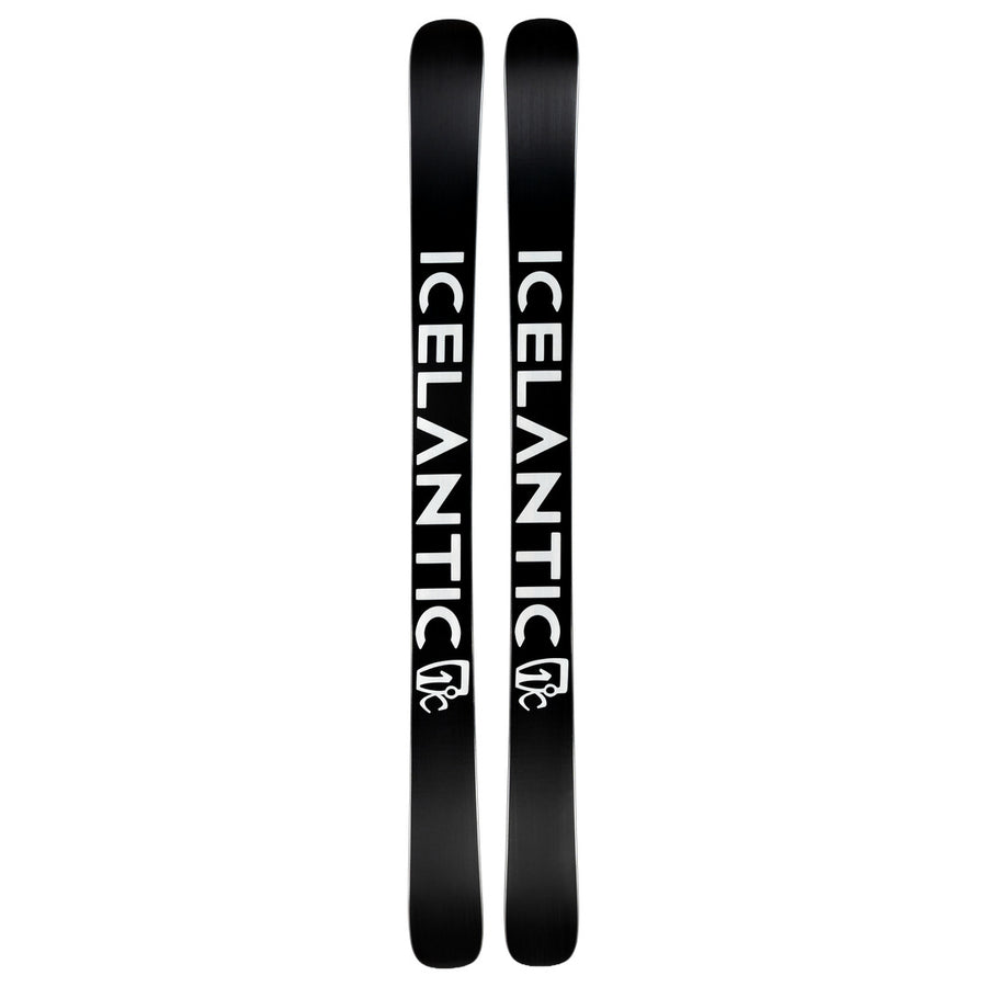 A pair of black Icelantic Skis J Skis x Icey Nomad 106 freeride skis featuring the word “ICELANTIC” and a white graphic logo printed vertically on each ski, perfect for those seeking the playful performance of the Nomad 106.