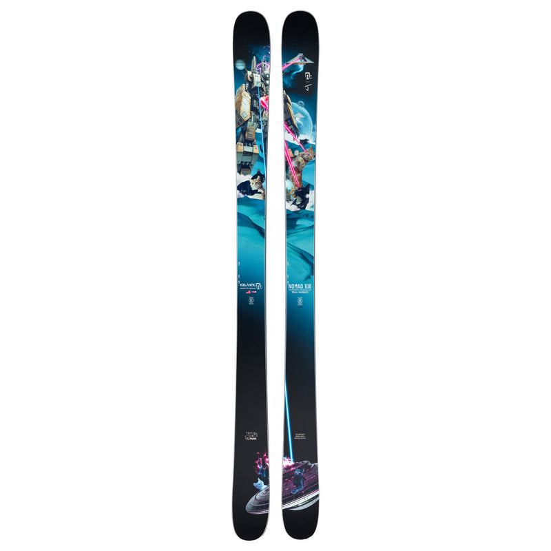 A pair of Icelantic Skis J Ski x Icey Nomad 106, showcasing a striking blue and black color scheme with abstract artwork and mountain-themed graphics on the topsheets, are positioned side by side—these playful freeride skis offer riders versatility and standout style.