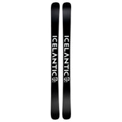 A pair of black Icelantic Skis Nomad 100 skis featuring bold white “ICELANTIC” lettering and a small white mountain logo near the tails, displayed side by side.