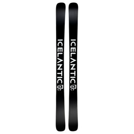 A pair of black Icelantic Skis Nomad 100 skis featuring bold white “ICELANTIC” lettering and a small white mountain logo near the tails, displayed side by side.