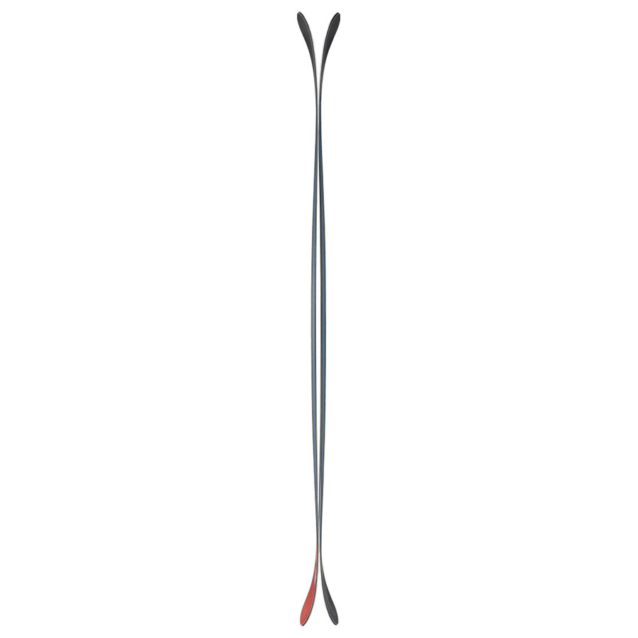 A top-down view of the Icelantic Skis Nomad 100 snowboard, featuring a twin-tip shape and a mostly black design with a red accent on one end, set against a white background.