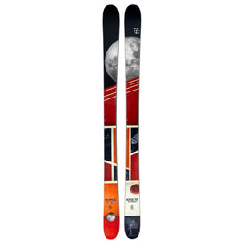 A pair of Icelantic Skis Nomad 100 featuring a vibrant, geometric design with a prominent full moon at the top, red and orange hues, and abstract patterns running along their length.