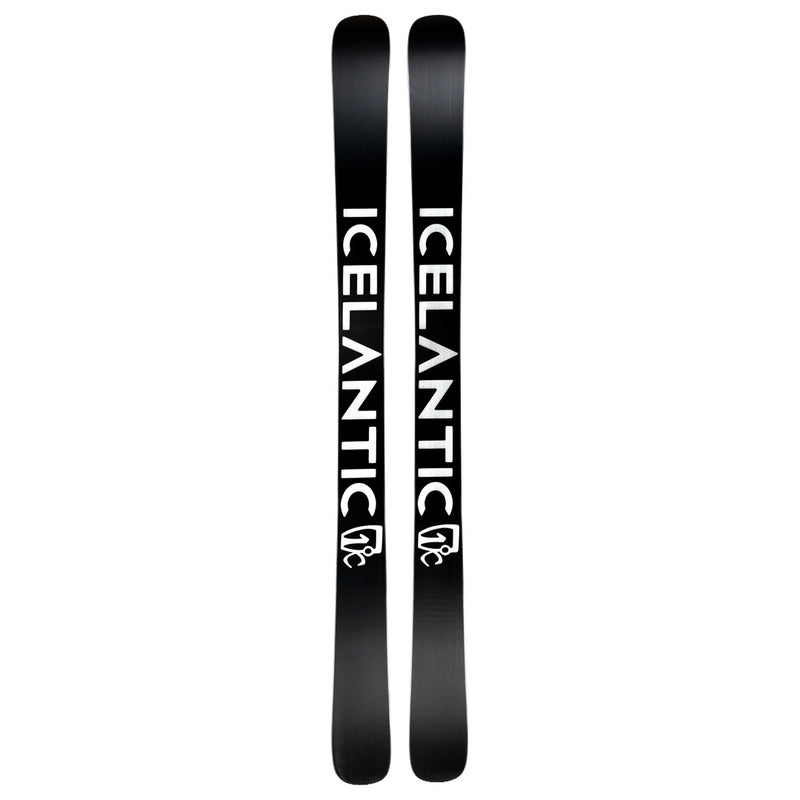 A pair of black Icelantic Skis Nomad 106, featuring the word ICELANTIC in bold white letters along the length and a small white logo near the bottom of each ski.