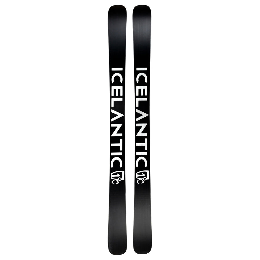 A pair of black Icelantic Skis Nomad 106, featuring the word ICELANTIC in bold white letters along the length and a small white logo near the bottom of each ski.
