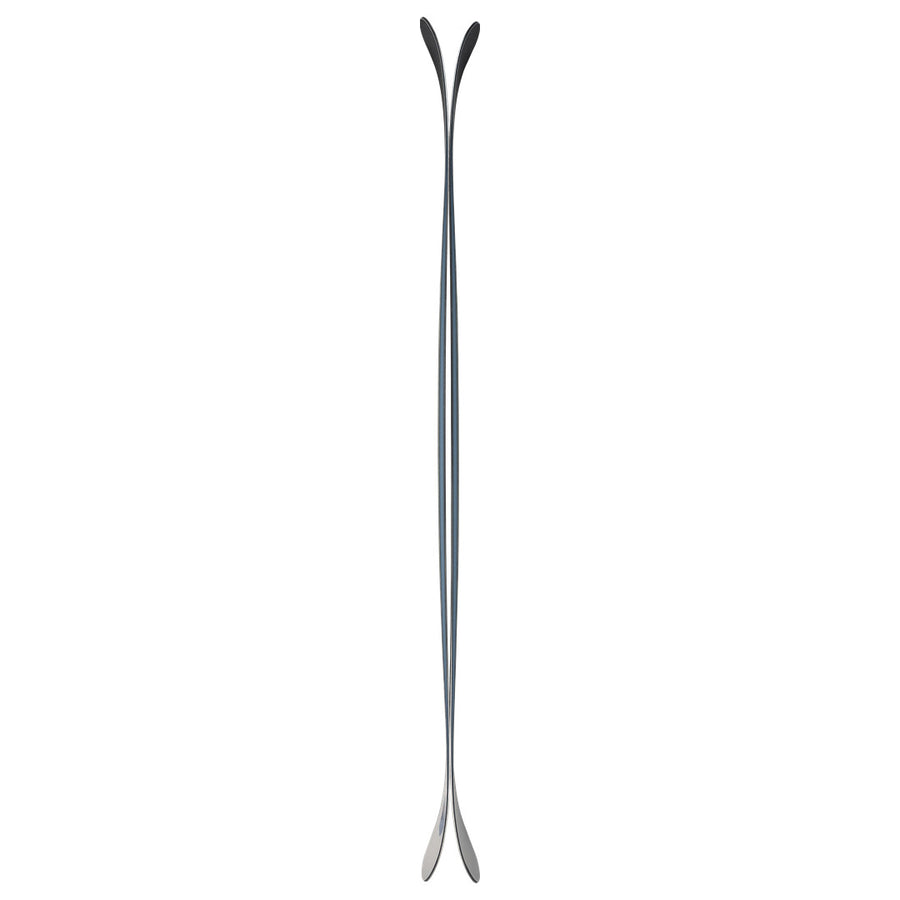 A pair of symmetrical, modern Nomad 106 metal salad tongs by Icelantic Skis, featuring curved, spoon-like ends, positioned upright and mirrored at the center against a white background.