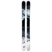 The Icelantic Skis Nomad 106 features graphics with mountain peaks, ski lifts, and a cosmic scene depicting Saturn and another planet, blending winter sports with celestial elements.