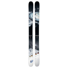The Icelantic Skis Nomad 106 features graphics with mountain peaks, ski lifts, and a cosmic scene depicting Saturn and another planet, blending winter sports with celestial elements.