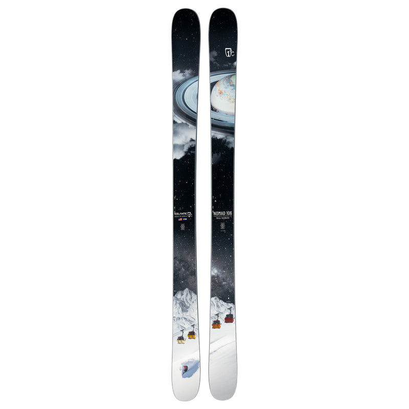 The Icelantic Skis Nomad 106 features graphics with mountain peaks, ski lifts, and a cosmic scene depicting Saturn and another planet, blending winter sports with celestial elements.