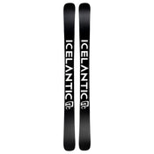 A pair of black Icelantic Skis Nomad 112, featuring the word “ICELANTIC” in bold white letters running vertically down each ski, along with a small white logo near the base.