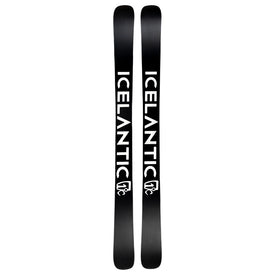 A pair of black Icelantic Skis Nomad 112, featuring the word “ICELANTIC” in bold white letters running vertically down each ski, along with a small white logo near the base.