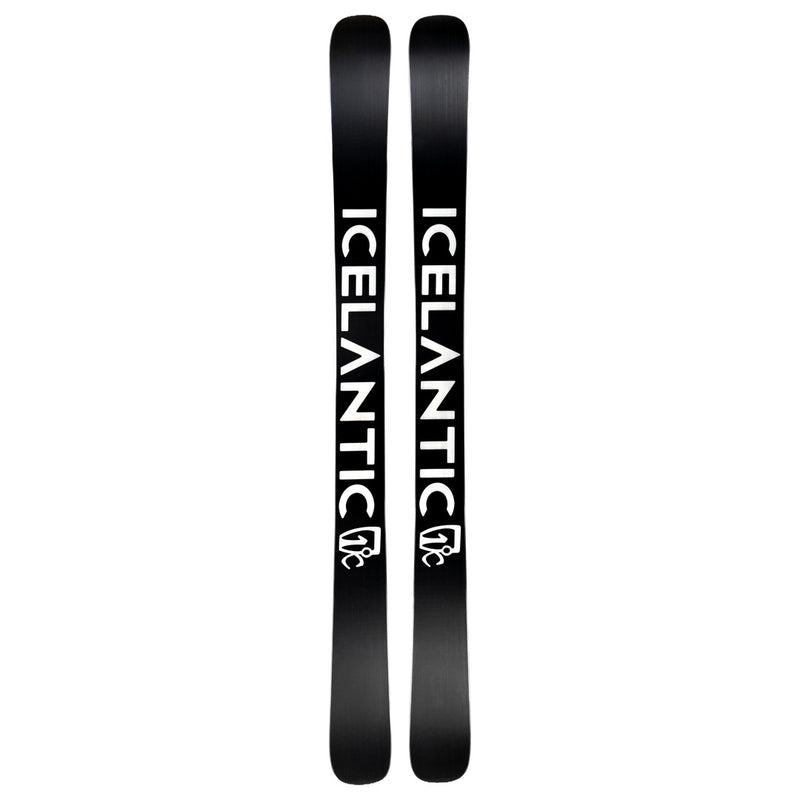 A pair of black Icelantic Skis Nomad 112, featuring the word “ICELANTIC” in bold white letters running vertically down each ski, along with a small white logo near the base.