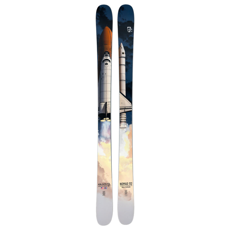 The Icelantic Skis Nomad 112 features a graphic of a space shuttle launching, with smoke and clouds at the base and the shuttle ascending against a blue sky.