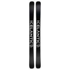 A pair of Rocky Mtn NP 100 all-mountain skis by Icelantic Skis, featuring a sleek black design with the brand name ICELANTIC in bold white lettering along each ski and a subtle white logo near the base—handmade in Colorado for outstanding quality and performance.