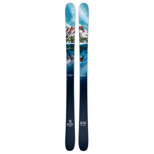 The Icelantic Skis Rocky Mtn NP 100 is a pair of all-mountain skis handmade in Colorado, featuring a striking blue and white mountain landscape graphic with snowy peaks, trees, and a logo near the tips for exceptional quality and performance.