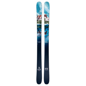 The Icelantic Skis Rocky Mtn NP 100 is a pair of all-mountain skis handmade in Colorado, featuring a striking blue and white mountain landscape graphic with snowy peaks, trees, and a logo near the tips for exceptional quality and performance.