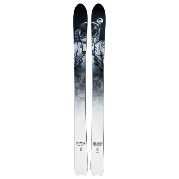The Icelantic Shaman 110 is a pair of white skis showcasing artwork of an astronaut in a spacesuit on the upper section, with the design gradually fading to plain white toward the tips and bottom. Featuring a 110mm waist profile, these skis are crafted for exceptional powder performance while delivering solid carving across varied terrain.