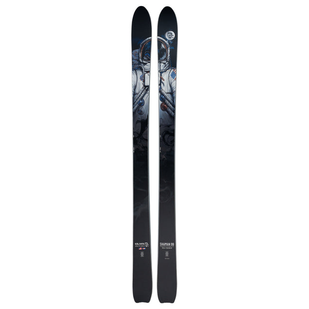 A pair of black all mountain skis from Icelantic, the Shaman 99, featuring an astronaut graphic near the top and distinctive brand logos and text—including “Shaman 99”—on the lower part of the skis, showcasing a unique style characteristic of handmade models.