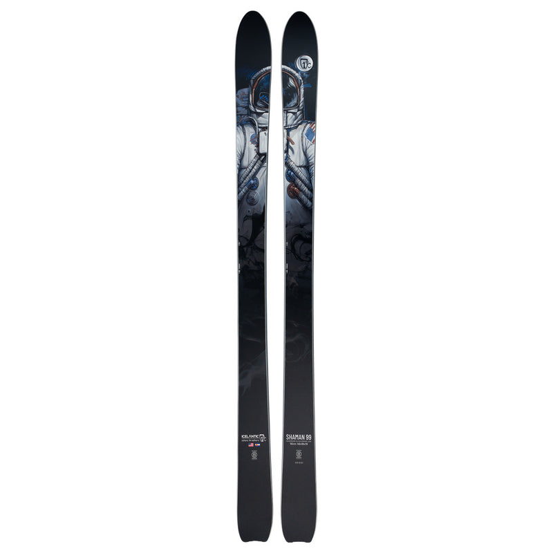A pair of black all mountain skis from Icelantic, the Shaman 99, featuring an astronaut graphic near the top and distinctive brand logos and text—including “Shaman 99”—on the lower part of the skis, showcasing a unique style characteristic of handmade models.
