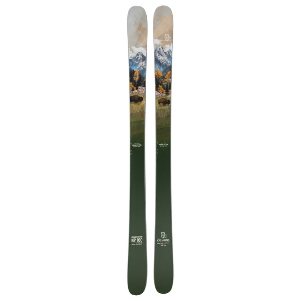 A pair of green Icelantic Skis Grand Teton NP 100 freeride skis, featuring scenic mountain landscape artwork with trees and buffalo near the top, and “Grand Teton NP 100” text with logos near the bottom of each ski.