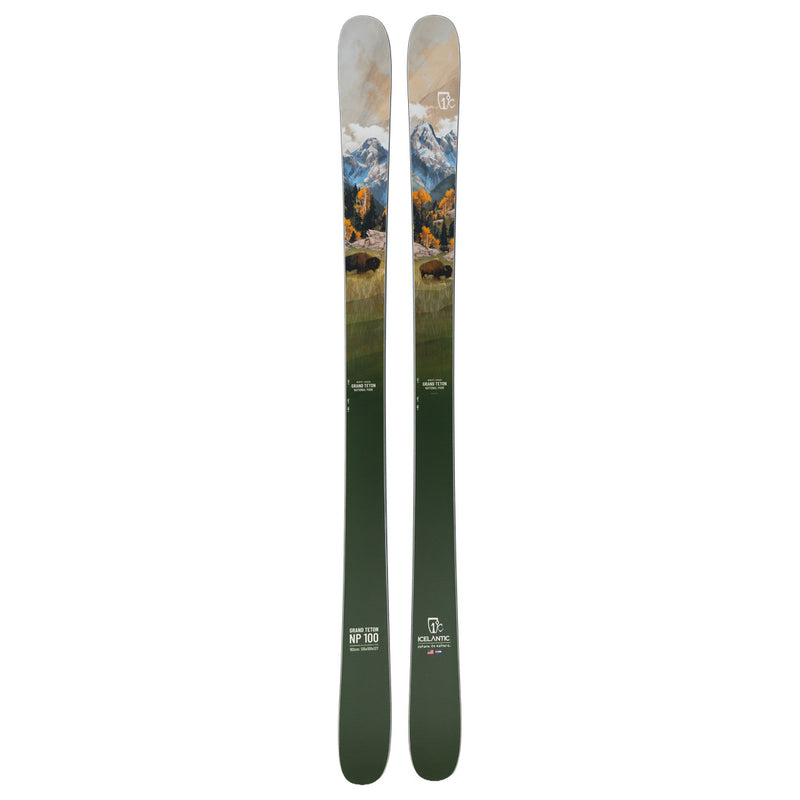 A pair of green Icelantic Skis Grand Teton NP 100 freeride skis, featuring scenic mountain landscape artwork with trees and buffalo near the top, and “Grand Teton NP 100” text with logos near the bottom of each ski.