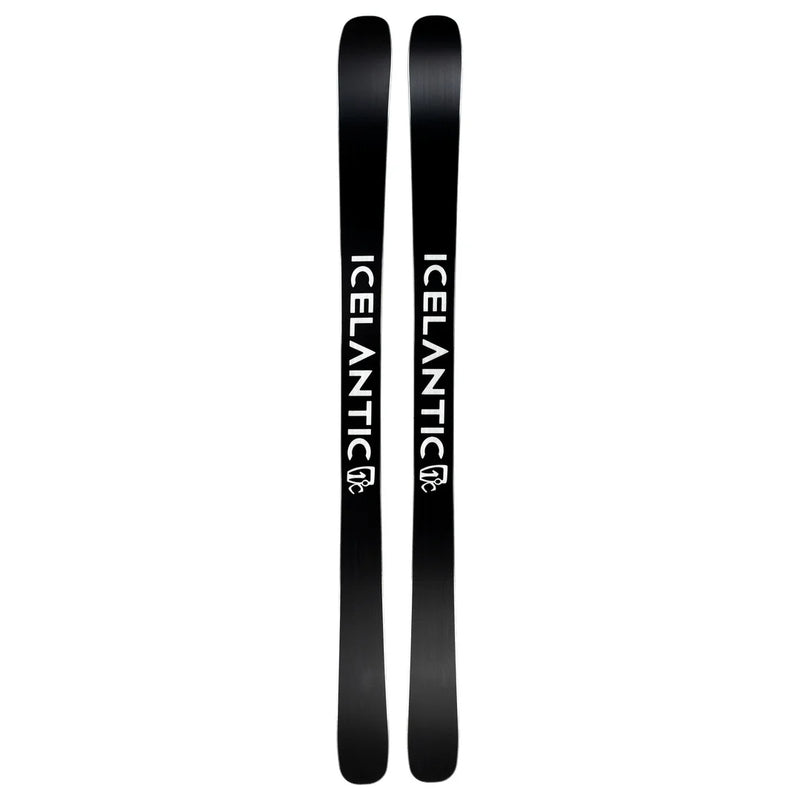 A pair of black Icelantic Skis Torrent 88 skis with the word ICELANTIC written vertically in white on each ski and a small white logo below the text.