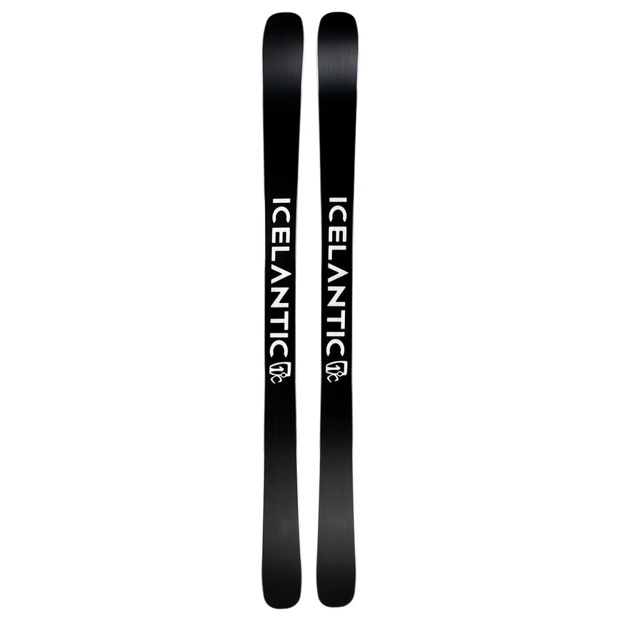 A pair of black Icelantic Skis Torrent 88 skis with the word ICELANTIC written vertically in white on each ski and a small white logo below the text.