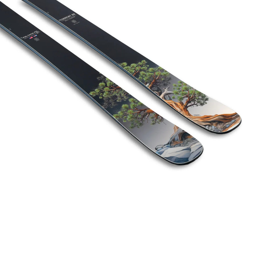 A pair of Icelantic Skis Torrent 88 skis in black, showcasing vibrant bonsai tree and rock artwork near the tips on a white background.