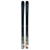 A pair of Icelantic Skis Torrent 88 featuring a black design with a detailed tree illustration and mountain scenery near the bottom of each ski.