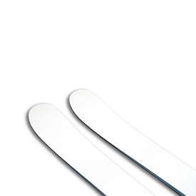 Two Icelantic Skis Nomad 112 Whiteout freeride skis with slightly rounded tips, positioned side by side on a white background, are shown. The image is minimalistic, with only the top portions of these advanced skis visible—perfect for advanced skiers seeking precision and performance.