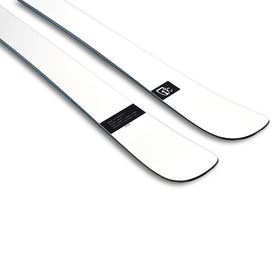 A pair of Icelantic Skis Nomad 112 Whiteout powder skis in white with black edges and a small black rectangular logo near the tips, displayed against a white background—perfect for advanced skiers pursuing top-tier freeride performance.