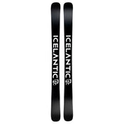 A pair of black Icelantic Skis’ Maiden 102 skis featuring the word “ICELANTIC” in large white letters running vertically down each ski, with a small white logo near the bottom.