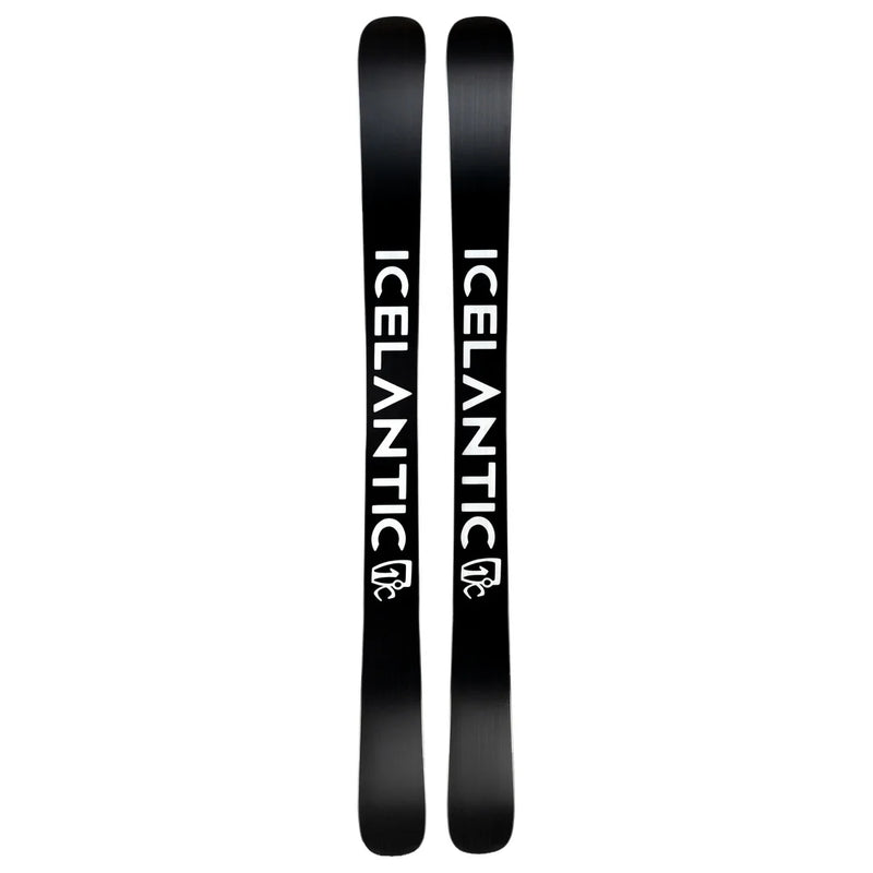 A pair of black Icelantic Skis’ Maiden 102 skis featuring the word “ICELANTIC” in large white letters running vertically down each ski, with a small white logo near the bottom.