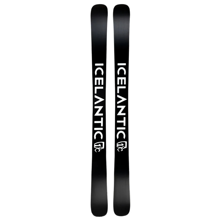 A pair of black Icelantic Skis’ Maiden 102 skis featuring the word “ICELANTIC” in large white letters running vertically down each ski, with a small white logo near the bottom.