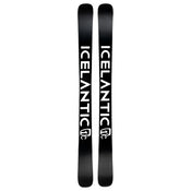A pair of black Maiden 108 skis from Icelantic Skis, featuring the word “ICELANTIC” in large white letters along the length and a white logo near the bottom of each ski.
