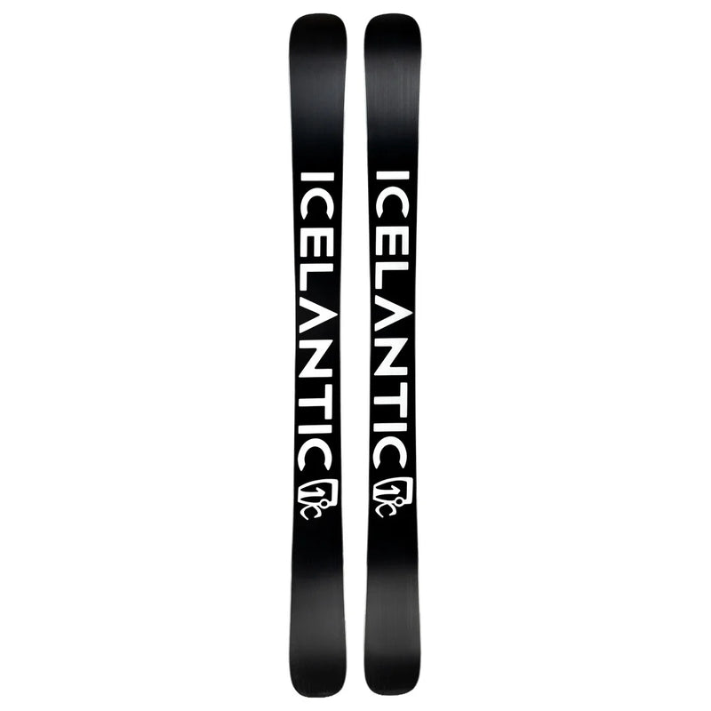 A pair of black Maiden 108 skis from Icelantic Skis, featuring the word “ICELANTIC” in large white letters along the length and a white logo near the bottom of each ski.
