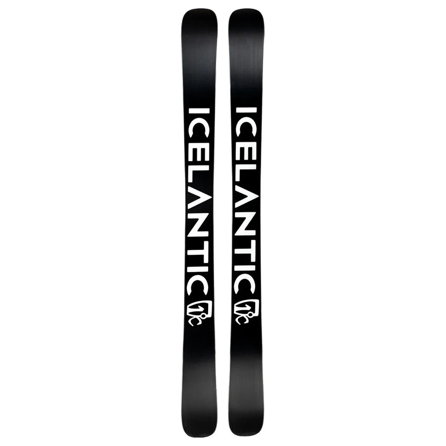 A pair of black Maiden 108 skis from Icelantic Skis, featuring the word “ICELANTIC” in large white letters along the length and a white logo near the bottom of each ski.