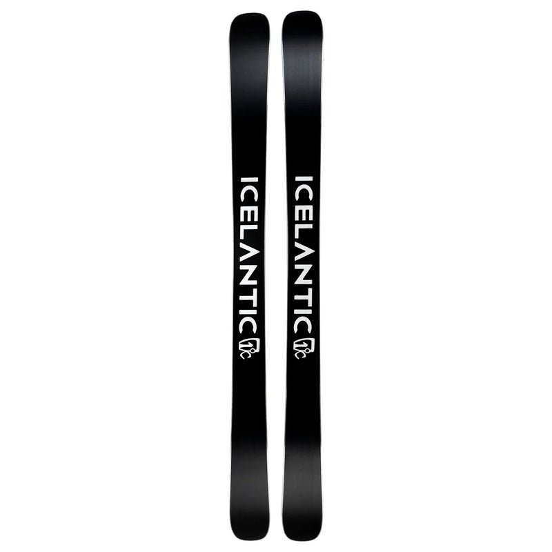 A pair of Maiden 94 skis by Icelantic Skis, featuring a black design with the word “ICELANTIC” and a white logo printed vertically on each ski. The skis are displayed side by side on a white background.