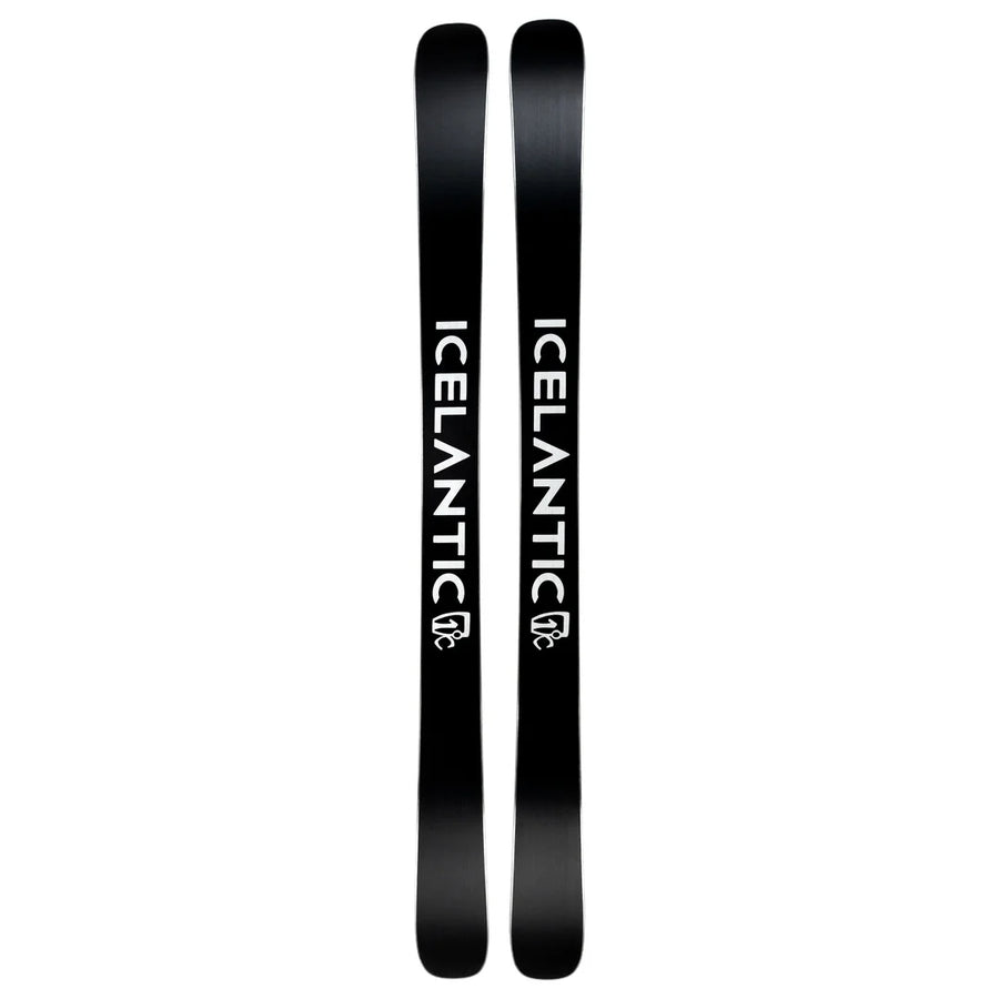 A pair of Maiden 94 skis by Icelantic Skis, featuring a black design with the word “ICELANTIC” and a white logo printed vertically on each ski. The skis are displayed side by side on a white background.
