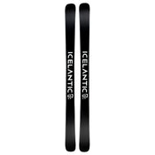 A pair of Icelantic Skis Nomad 94 black skis, featuring the word “ICELANTIC” in bold white letters running down the length of each ski, positioned side by side with their tops and bottoms aligned.