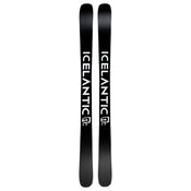 A pair of Icelantic Skis Tempest 100 all-mountain skis feature the word ICELANTIC in bold white letters along their black surface, with a white logo beneath the text on each ski. Built with a poplar and birch wood core reinforced by a carbon matrix, these skis deliver both strength and versatility across any terrain.
